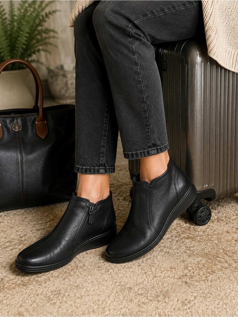 ECCO Black Leather Ankle Booties Side Zip Size 41